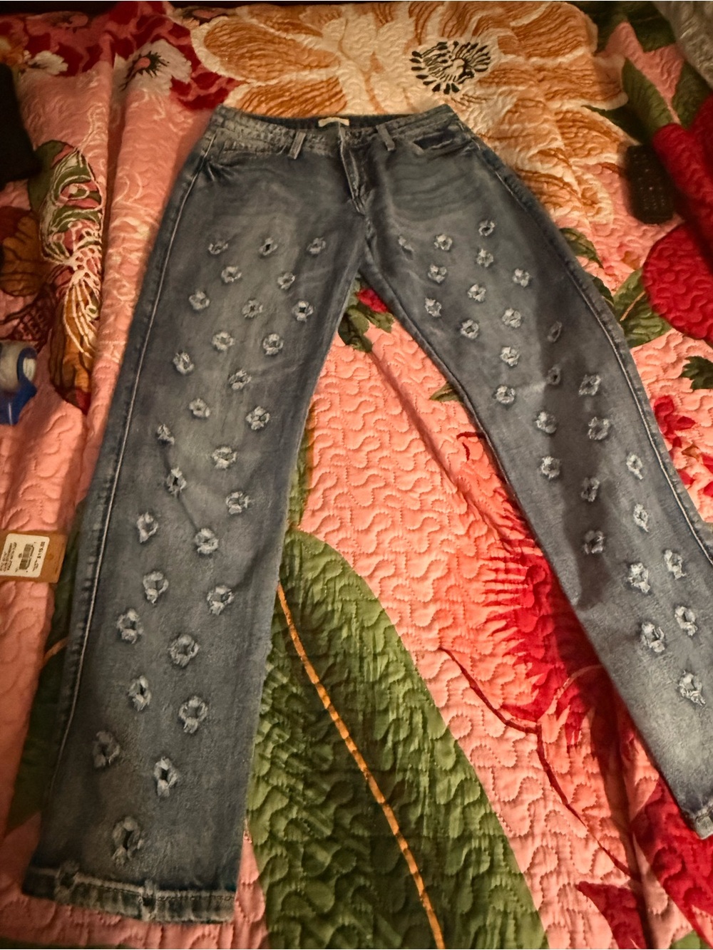 Blue Floral-Appliqué Straight Leg Jeans